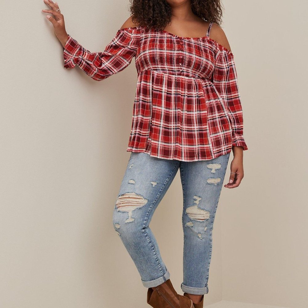 Torrid size 2 baby doll crinkle gauze smocked cold shoulder top